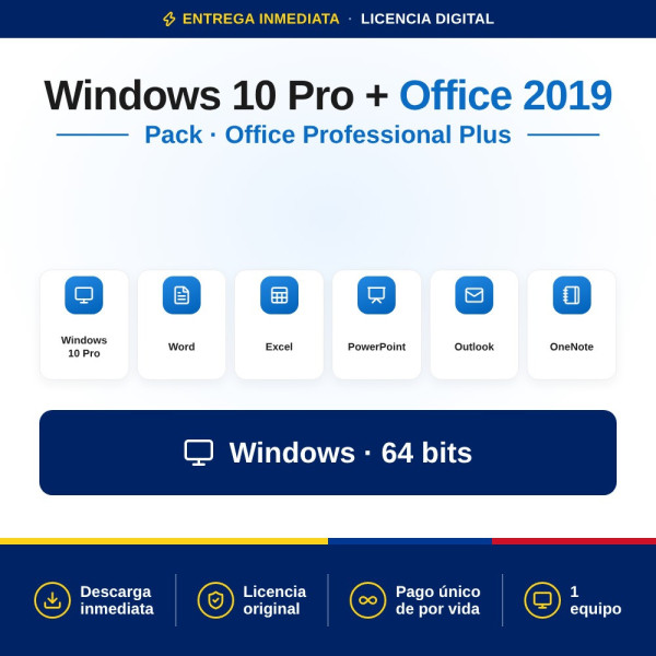 Licencia Windows 10 PRO + Office 2019 PRO PLUS para 1 PC | Colombia