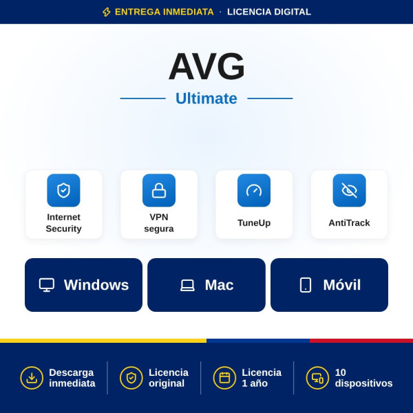 AVG Ultimate - 10 Dispositivos 1 Año (Internet Security + VPN + TuneUp | Colombia